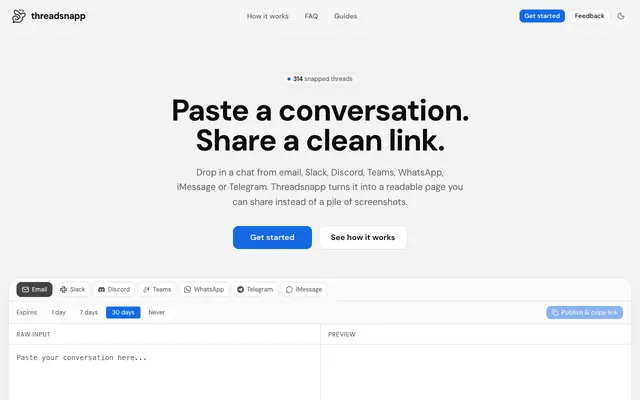 Screenshot of Threadsnapp | Paste a conversation, get a beautiful shareable link