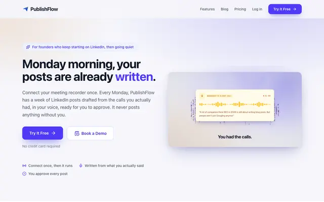 Screenshot of PublishFlow | LinkedIn Posts From Your Calls & Voice Notes