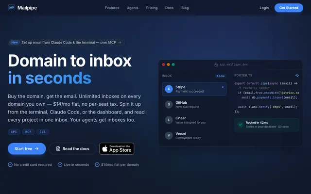 Screenshot of Mailpipe — The AI-native email platform