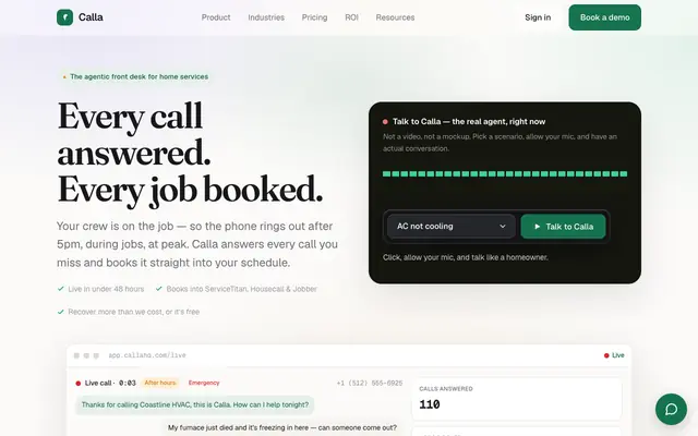 Screenshot of Calla — your AI front desk. Never miss a call. Never miss a job.