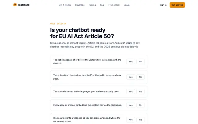 Screenshot of Free EU AI Act chatbot checker | Disclosed
