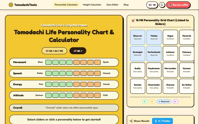 Screenshot of Tomodachi Life Personality Chart: Personalities & Calculator