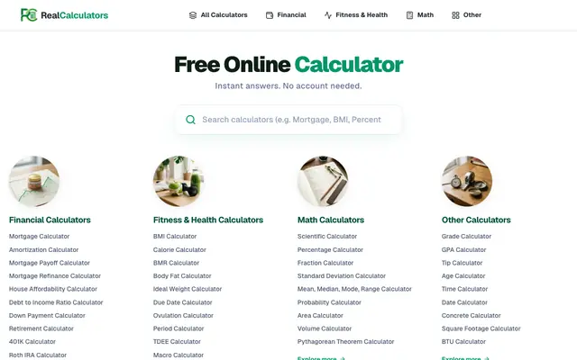 Screenshot of Free Online Calculators for Finance, Health & Math | RealCalculators