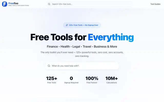Screenshot of FreeFixo — 125+ Free Tools for Finance, Health, Legal & More