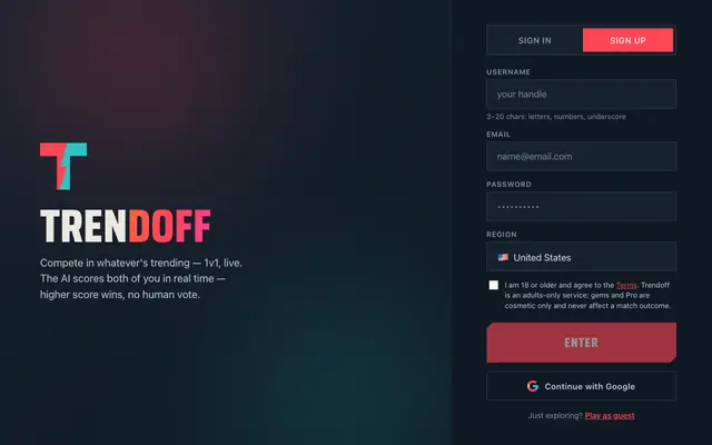 Screenshot of Trendoff: live 1v1 trend battles, judged by AI
