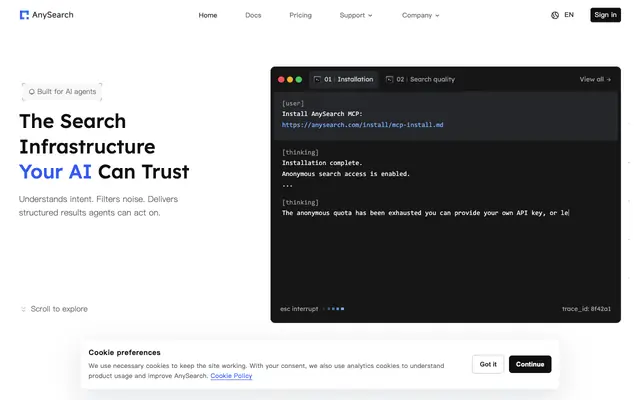 Screenshot of AnySearch — AI Search Infrastructure for Agents