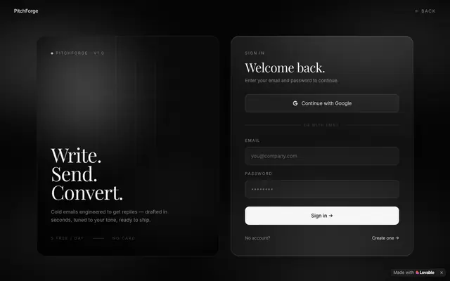 Screenshot of Sign in — PitchForge