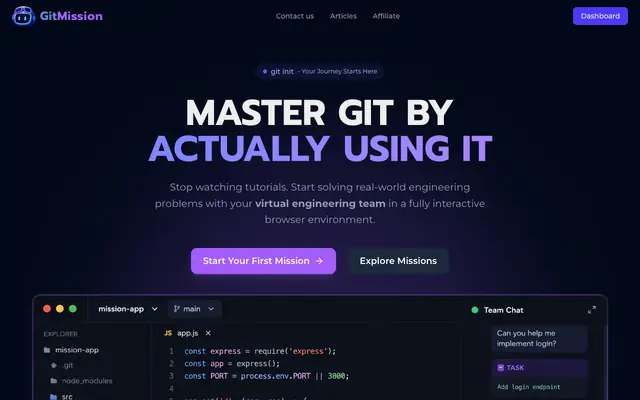 Screenshot of GitMission: Learn Git Through Interactive Missions | Hands-On Git Training