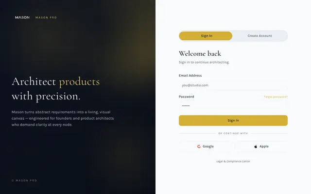 Screenshot of Mason PRD by ED3N — Visual Product Requirements