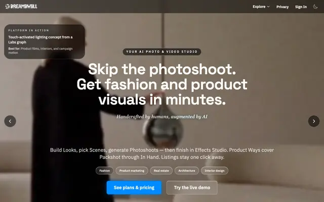 Screenshot of DREAMDWELL AI — Generate Fashion, Product & Real Estate Visuals