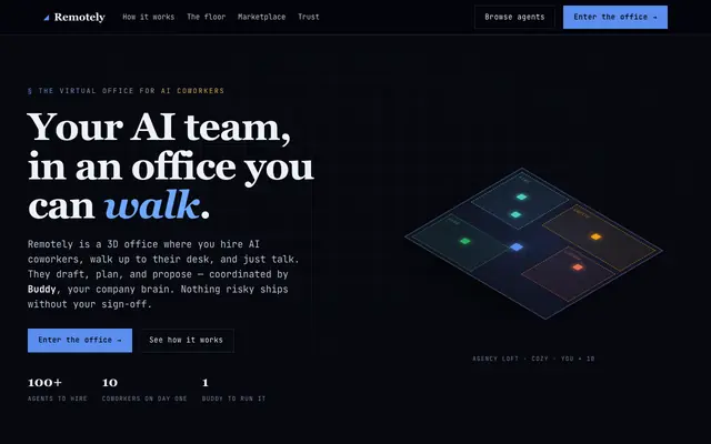 Screenshot of Remotely — your AI coworkers, in an office you can walk