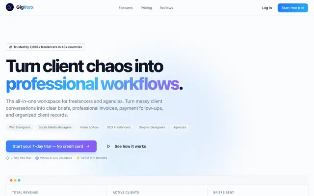 Screenshot of GigVorx — Client Briefs, Proposals & Invoices for Freelancers Worldwide