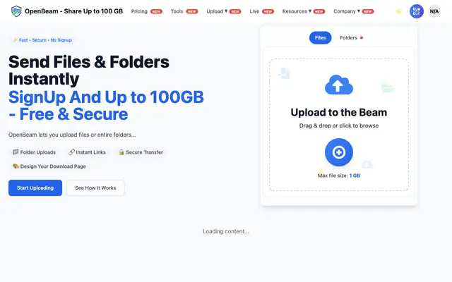 Screenshot of OpenBeam – Free Files and Folders Temporary Storage up to 100GB