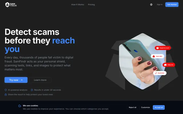Screenshot of Detect Online Scams. Protect Yourself | SamFindr