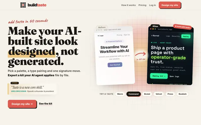 Screenshot of BuildTaste: make your AI-built site look designed, not generated