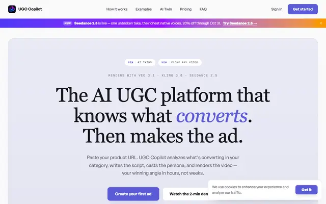 Screenshot of AI UGC Ads Generator — Trend Analysis + Video in 5 Minutes | UGC Copilot