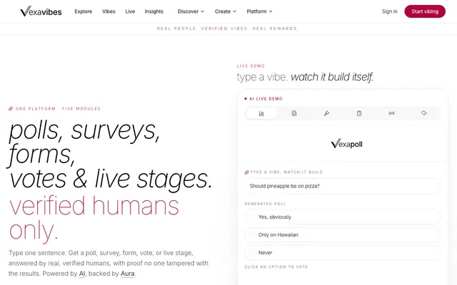 Screenshot of Vexavibes | polls, surveys, forms, votes & live stages