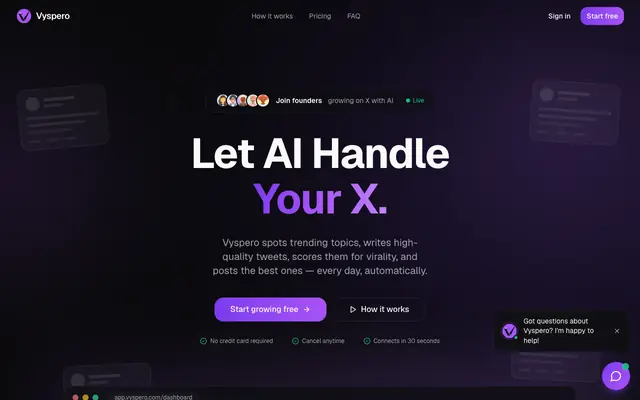Screenshot of Vyspero — Let AI Handle Your X