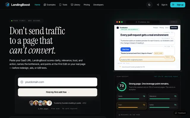 Screenshot of LandingBoost – AI Landing Page Audit Tool with Revenue-Backed Benchmarks