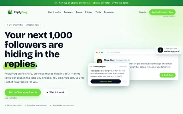 Screenshot of Smarter Replies, Better Conversations — ReplyFrog