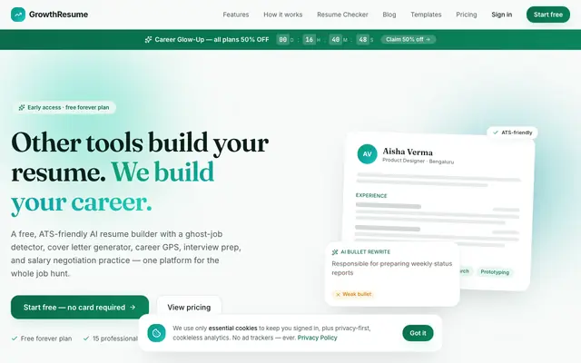 Screenshot of AI Resume Builder & ATS-Friendly Resume Maker | GrowthResume