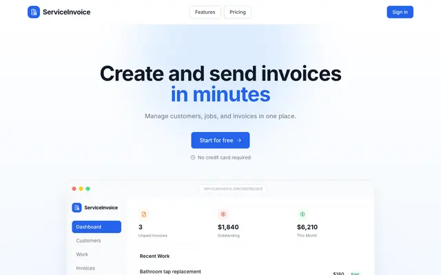 Screenshot of ServiceInvoice | Invoicing & job management for handyman businesses