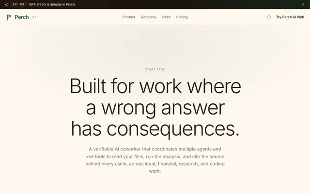 Screenshot of Perch AI: Verifiable AI for legal, finance, research, and coding