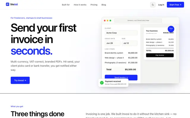 Screenshot of Invosi — Invoicing for freelancers, startups, and small businesses
