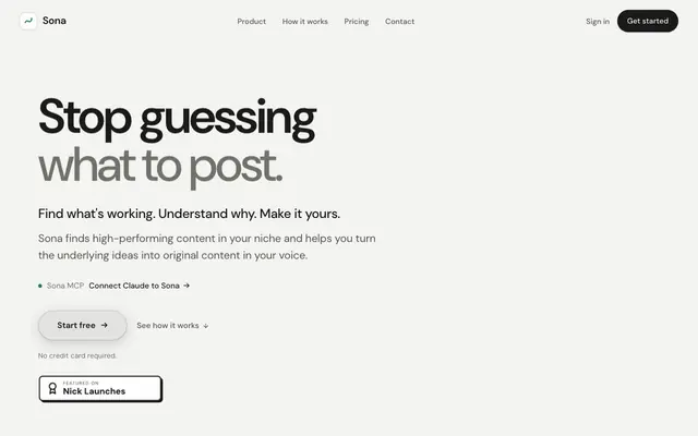Screenshot of Sona — Find proven ideas. Write in your voice.