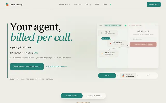 Screenshot of indie.money - Agents get paid here.