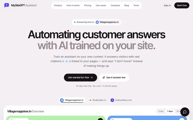 Screenshot of MySiteGPT Assistant — AI chat for your site, with sources