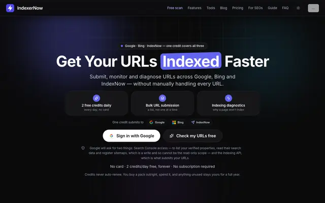 Screenshot of IndexerNow — Submit URLs to Google & IndexNow, Get Cited by AI