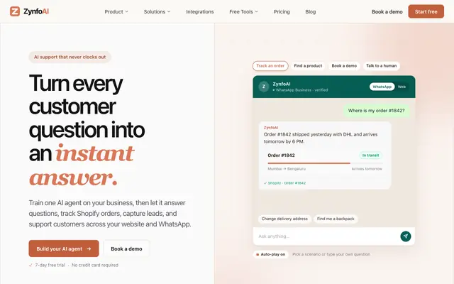 Screenshot of Zynfo AI — AI Agent for Customer Support & Lead Capture