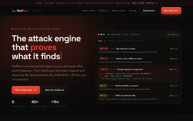 Screenshot of RedRun - detection-only security testing, with proof