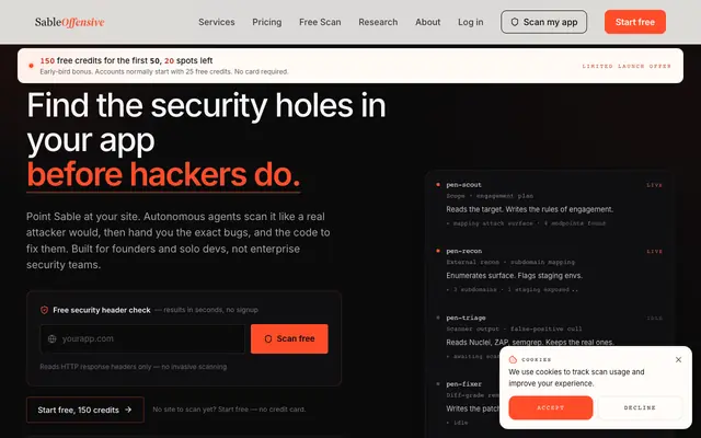 Screenshot of Chat with AI Pentesting Agents | 150 Free Credits + On-Demand Security Scans | S