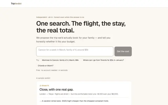Screenshot of TripVerdict — Know exactly what would make your trip work