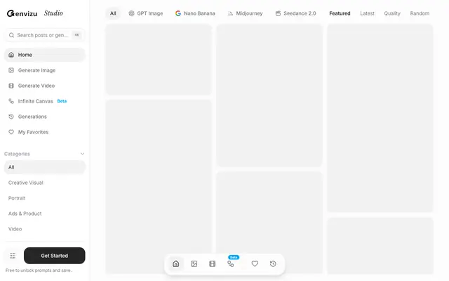 Screenshot of Genvizu — AI image, video, and prompt generation studio