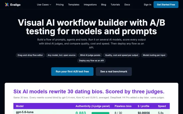 Screenshot of AI Workflow Builder & App Creator Platform | No-Code AI Automation | Evaligo