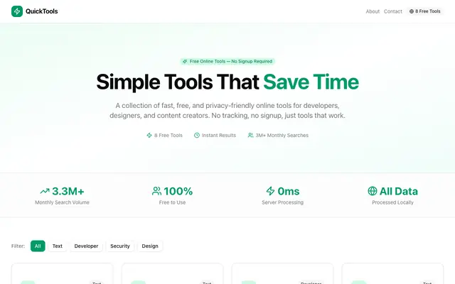 Screenshot of QuickTools — 8 Free Online Tools for Developers, Designers & Creators