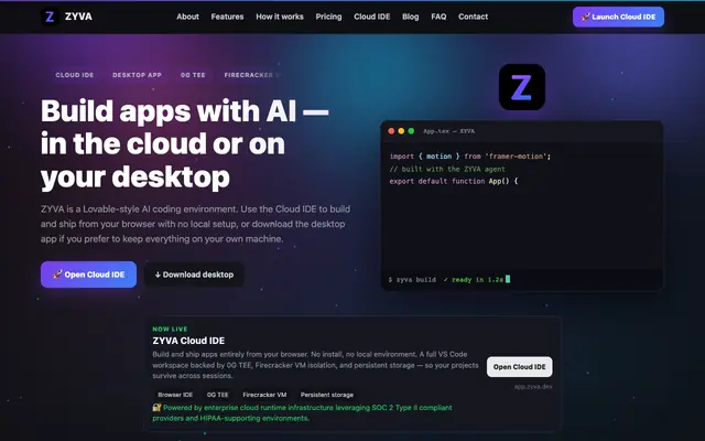 Screenshot of ZYVA — AI-powered IDE in the cloud and on your desktop