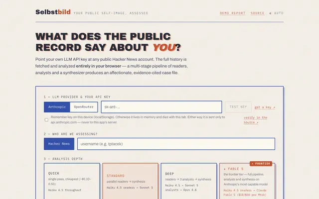 Screenshot of Selbstbild — BYOK social profile assessment