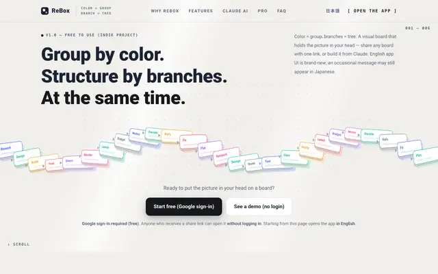 Screenshot of ReBox — Visual boards where color = group and branches = tree (indie project)