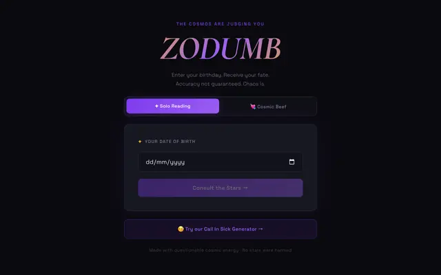 Screenshot of Zodumb — Funny Birthday Horoscope & Zodiac Compatibility Generator