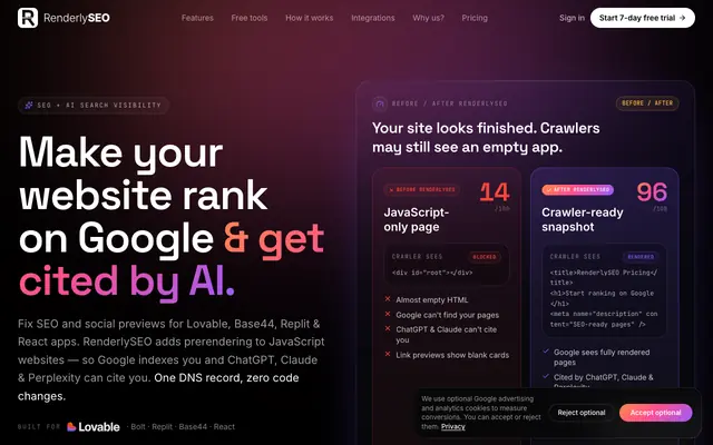 Screenshot of Get Lovable, Bolt & Replit Apps Indexed by Google | RenderlySEO