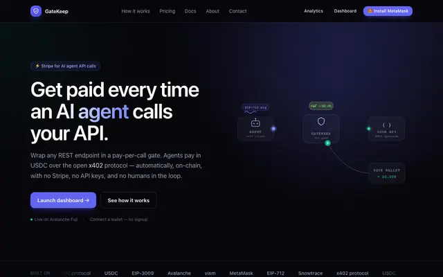 Screenshot of GateKeep — Stripe for AI agent API calls