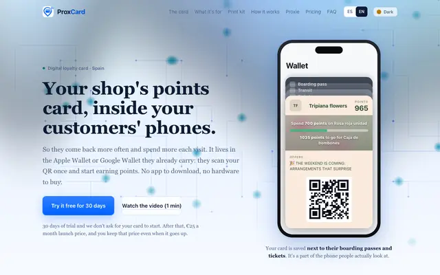 Screenshot of ProxCard — Haz que tus clientes vuelvan más veces