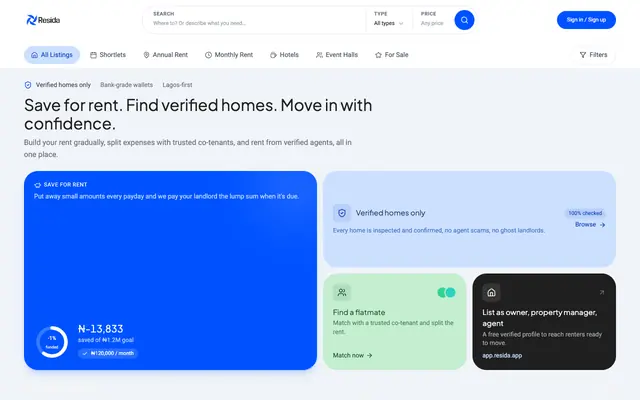 Screenshot of Resida — Find Properties in Lagos, Nigeria