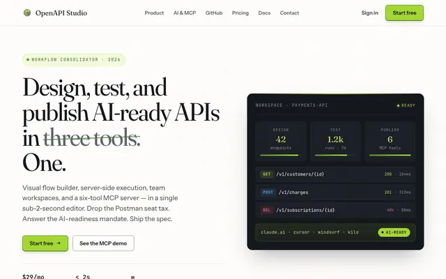Screenshot of OpenAPI Studio — Design, test, and publish AI-ready APIs