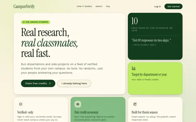 Screenshot of CampusVerify — Real research, real classmates, real fast