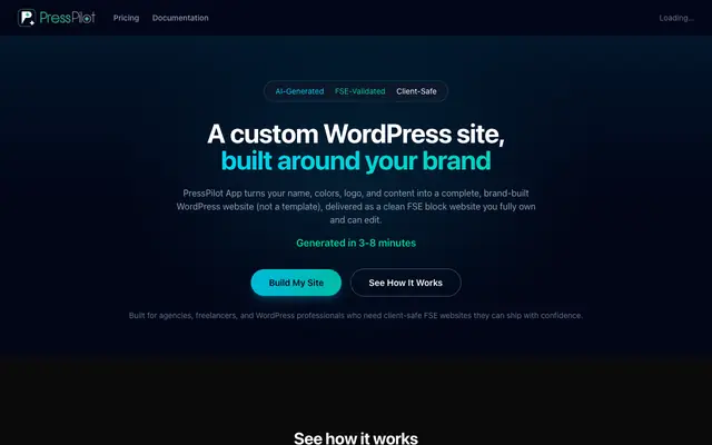 Screenshot of PressPilot — Custom WordPress Sites, Built Around Your Brand